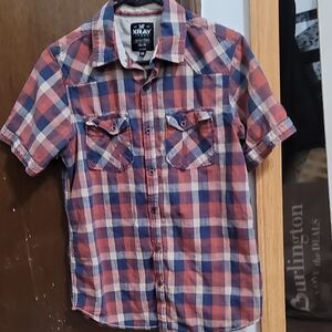 Xray Jeans Boy's Short-Sleeve Plaid Shirt - Red & Blue M Slim Fit